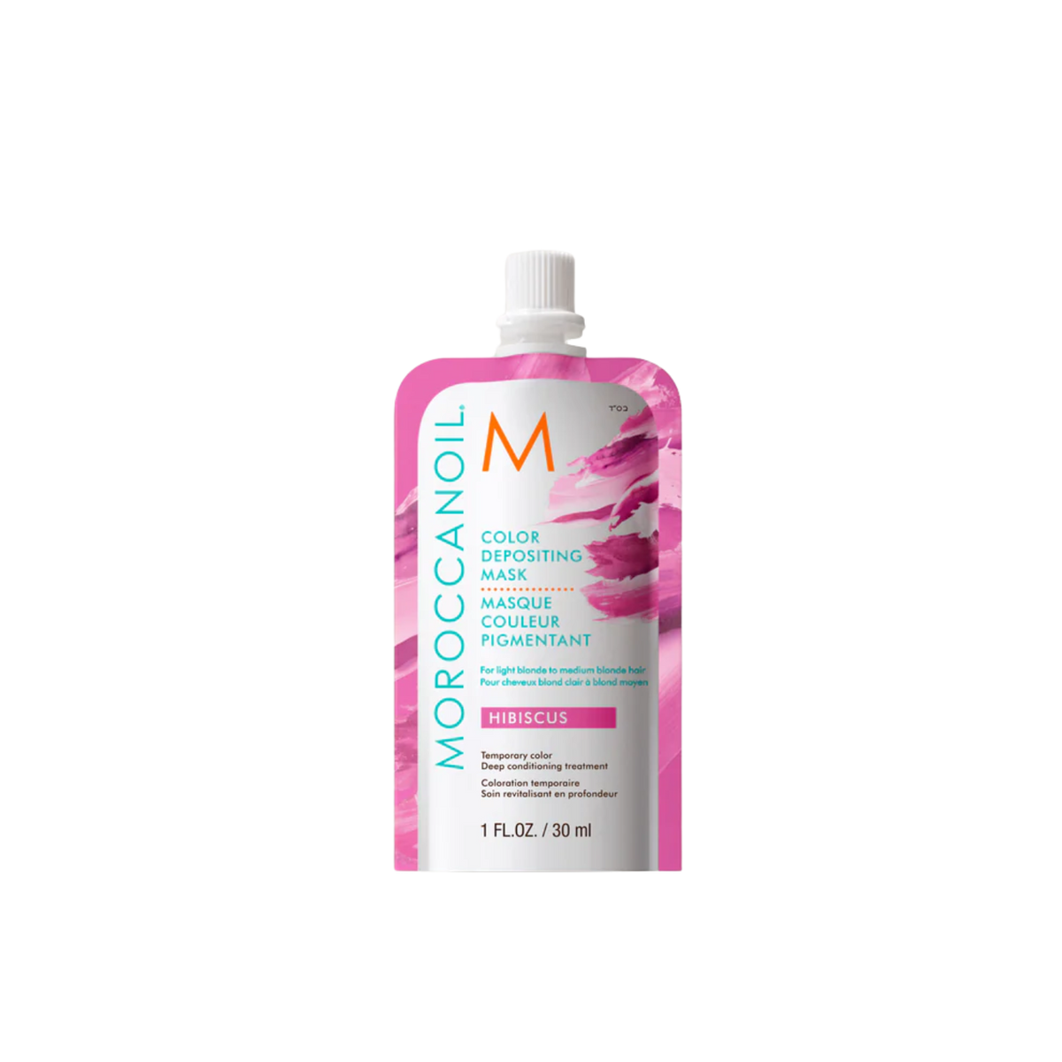 Pot du Masque Hibiscus Moroccanoil, crème capillaire rose floral pour cheveux blond clair à moyen, pigmentation temporaire et soin nourrissant.

