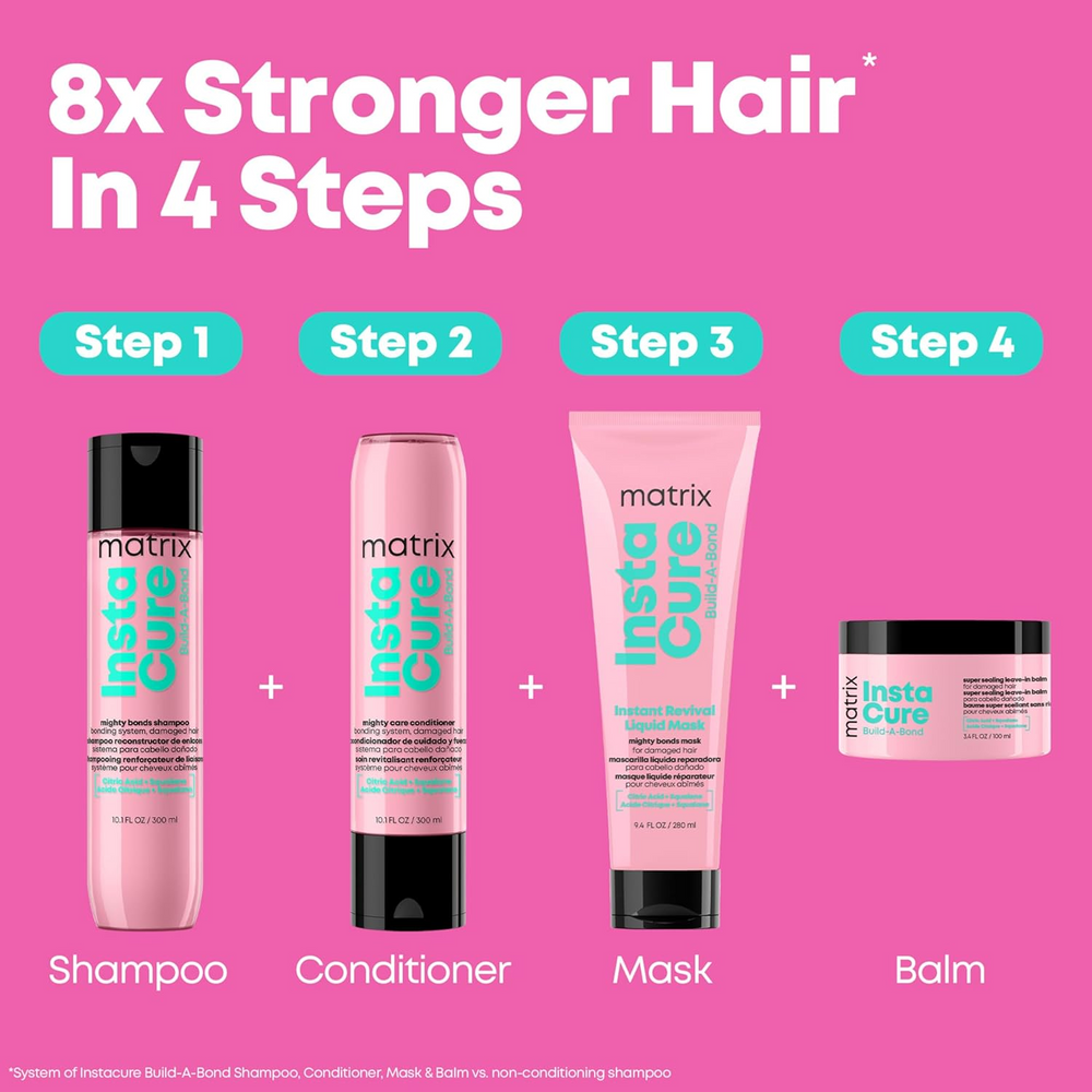 “Masque liquide Matrix Instacure Build‑A‑Bond 280 ml – flacon translucide liquéfié, texture crème légère”