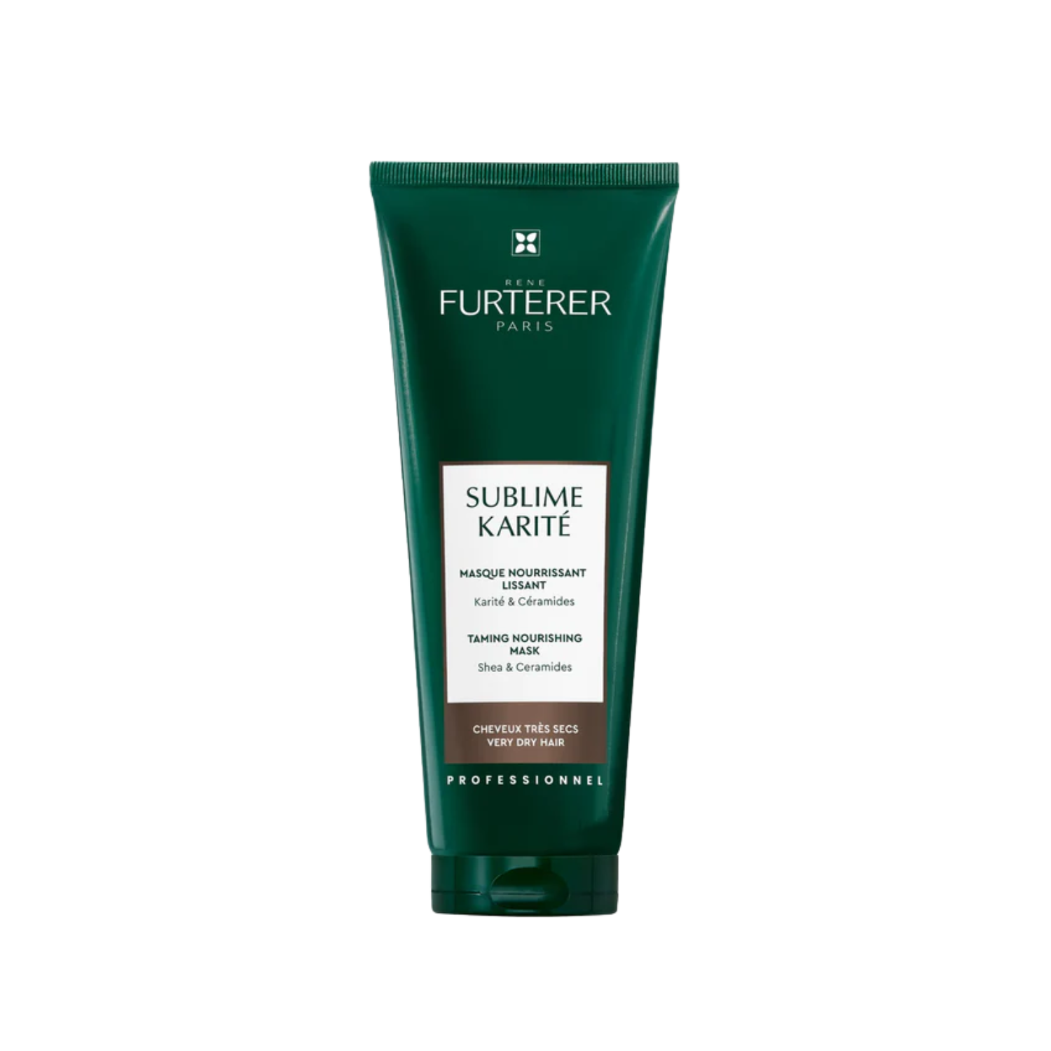 Pot de Masque Sublime Karité de René Furterer, nourrissant lissant, pour cheveux très secs, sur fond neutre.

