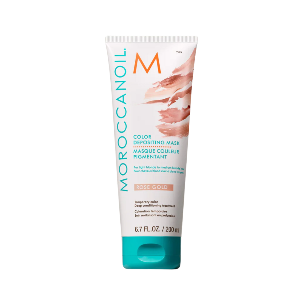 Pot du masque Moroccanoil Or Rose, crème colorante nourrissante pour cheveux blonds clairs à moyens avec reflets rosés dorés.

