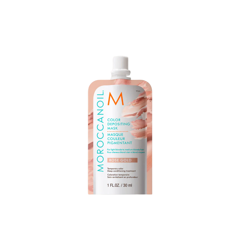 Pot du masque Moroccanoil Or Rose, crème colorante nourrissante pour cheveux blonds clairs à moyens avec reflets rosés dorés.

