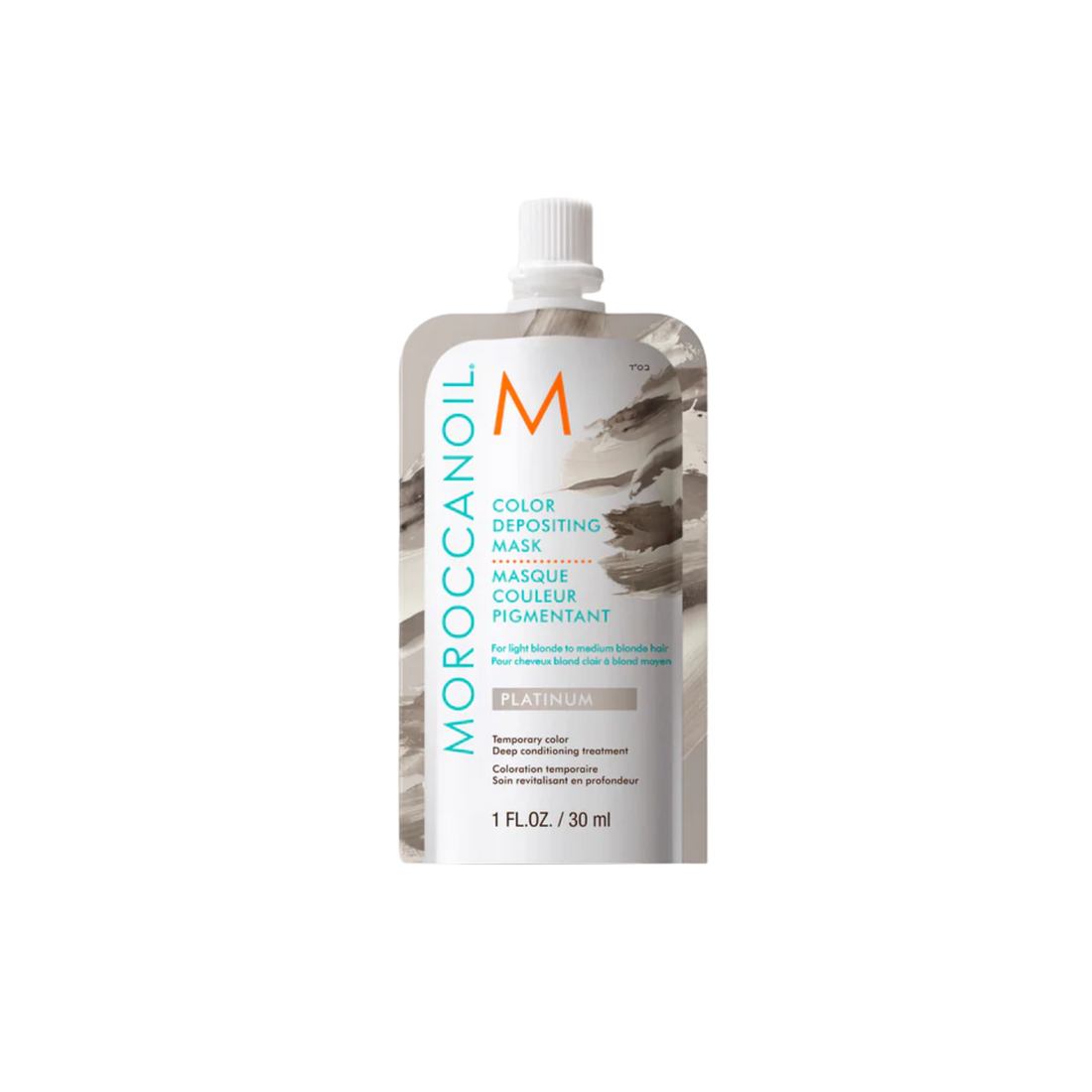 Pot du Masque Platine Moroccanoil, crème capillaire blond platine pour cheveux blonds clairs à moyens, soin colorant temporaire et nourrissant.

