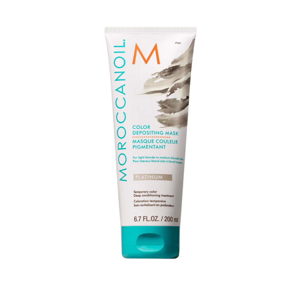 Pot du Masque Platine Moroccanoil, crème capillaire blond platine pour cheveux blonds clairs à moyens, soin colorant temporaire et nourrissant.

