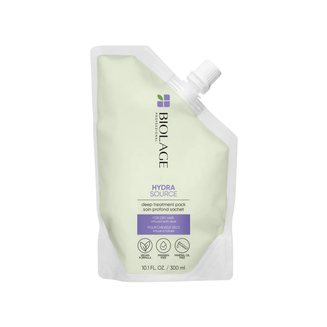 Masque Soin Profond Hydra Source Biolage – recharge économique 300 ml, flacon souple végétalien pour cheveux secs très abîmés