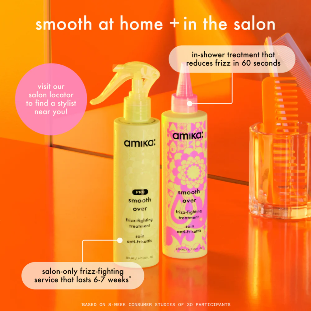 Masque anti-frisottis Smooth Over Frizz-Fighting Treatment Mask Amika – soin capillaire lissant cheveux doux et sans frisottis.