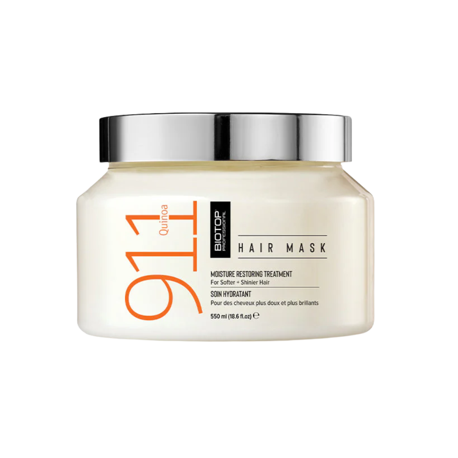 Pot du masque capillaire 911 Quinoa Hair Mask de Biotop sur fond neutre, packaging bleu