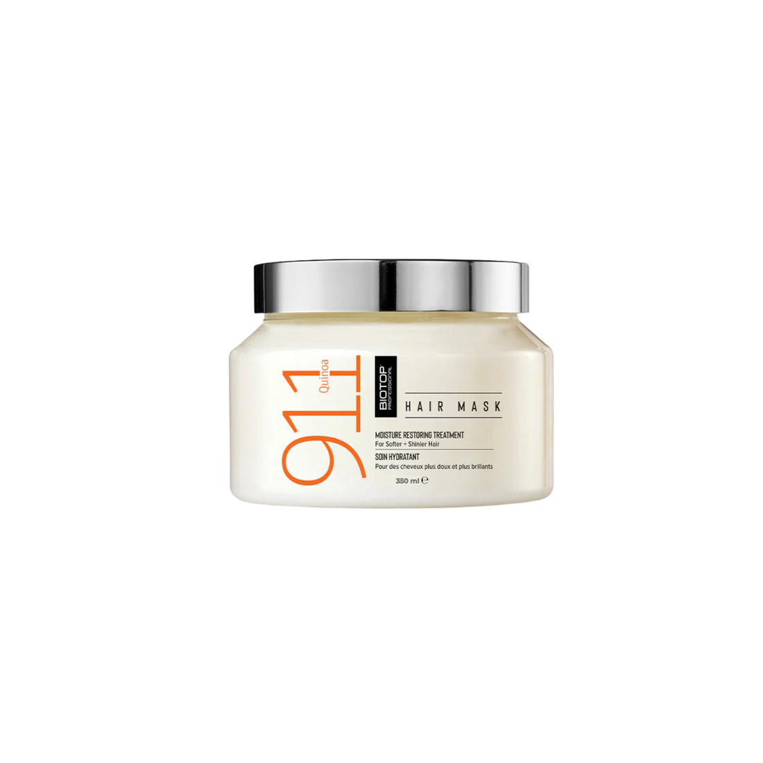 Pot de masque capillaire Biotop 911 Quinoa 350 ml, étiquette sobre et design élégant.