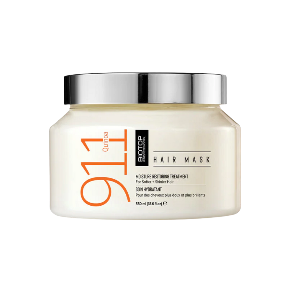 Pot du masque capillaire 911 Quinoa Hair Mask de Biotop sur fond neutre, packaging bleu