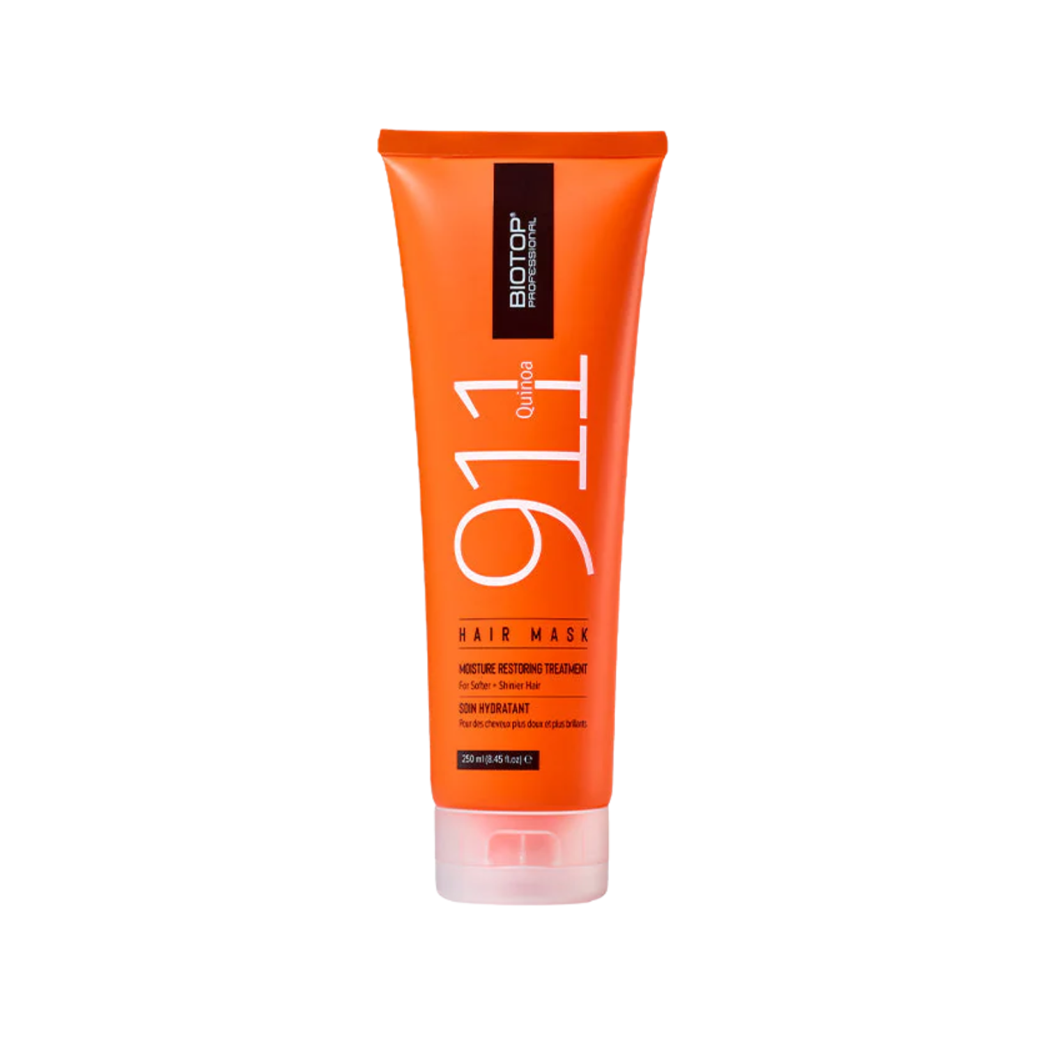 Pot de masque capillaire Biotop 911 Quinoa 350 ml, étiquette sobre et design élégant.