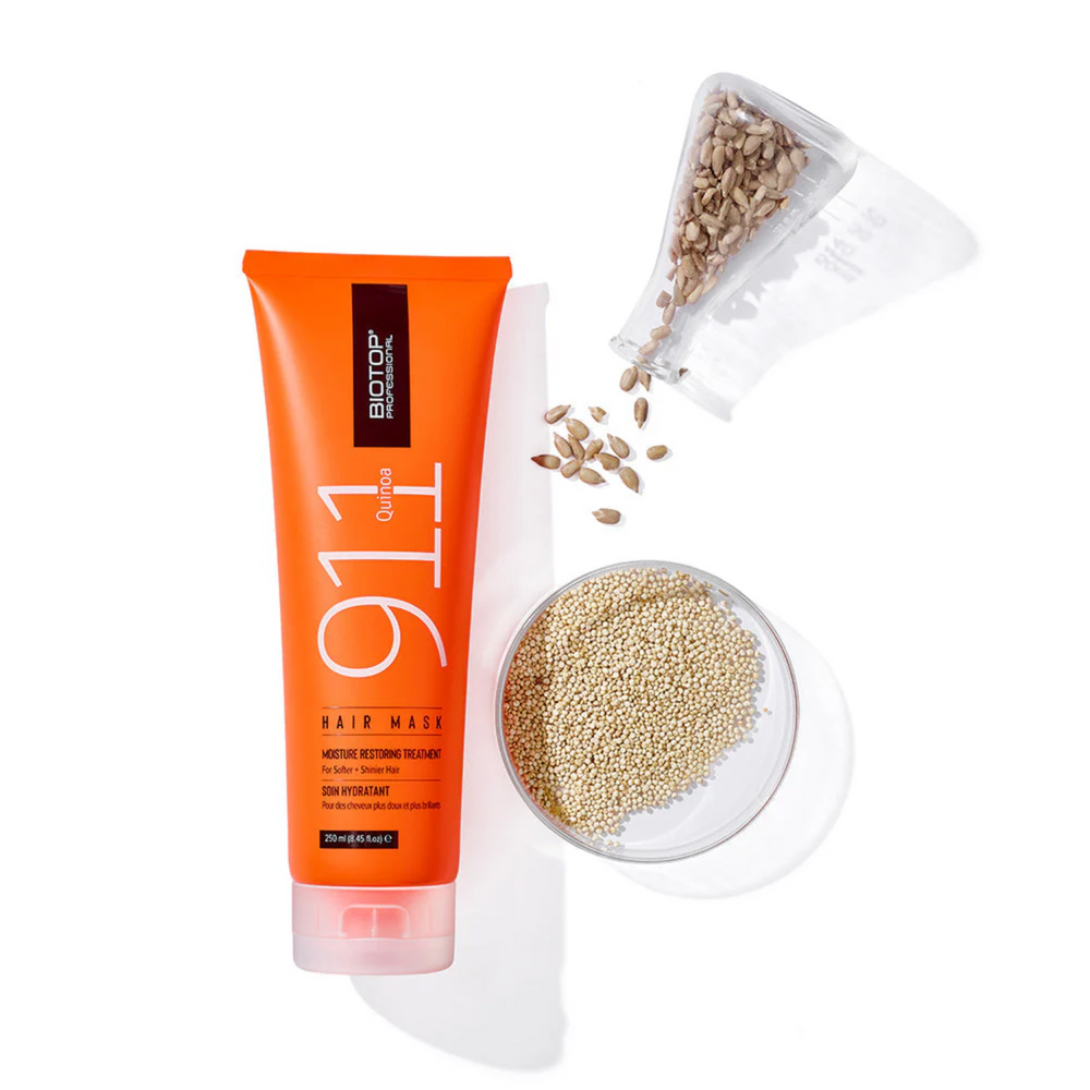 Pot de masque capillaire Biotop 911 Quinoa 350 ml, étiquette sobre et design élégant.