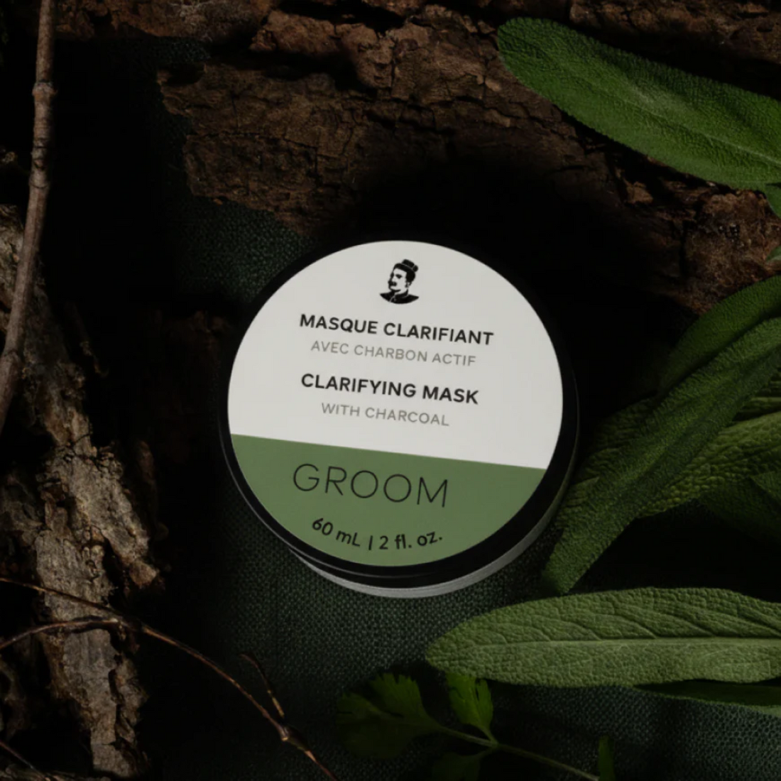 « Masque clarifiant GROOM 60 ml – pot blanc et noir, argile de Manicouagan, zone T »