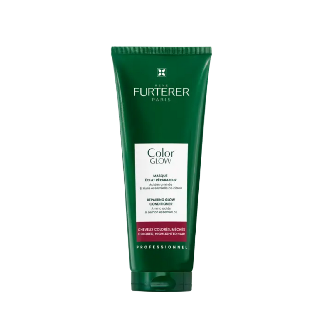 Pot de masque réparateur René Furterer Color Glow pour cheveux colorés, 200 ml, posé sur un fond neutre.

