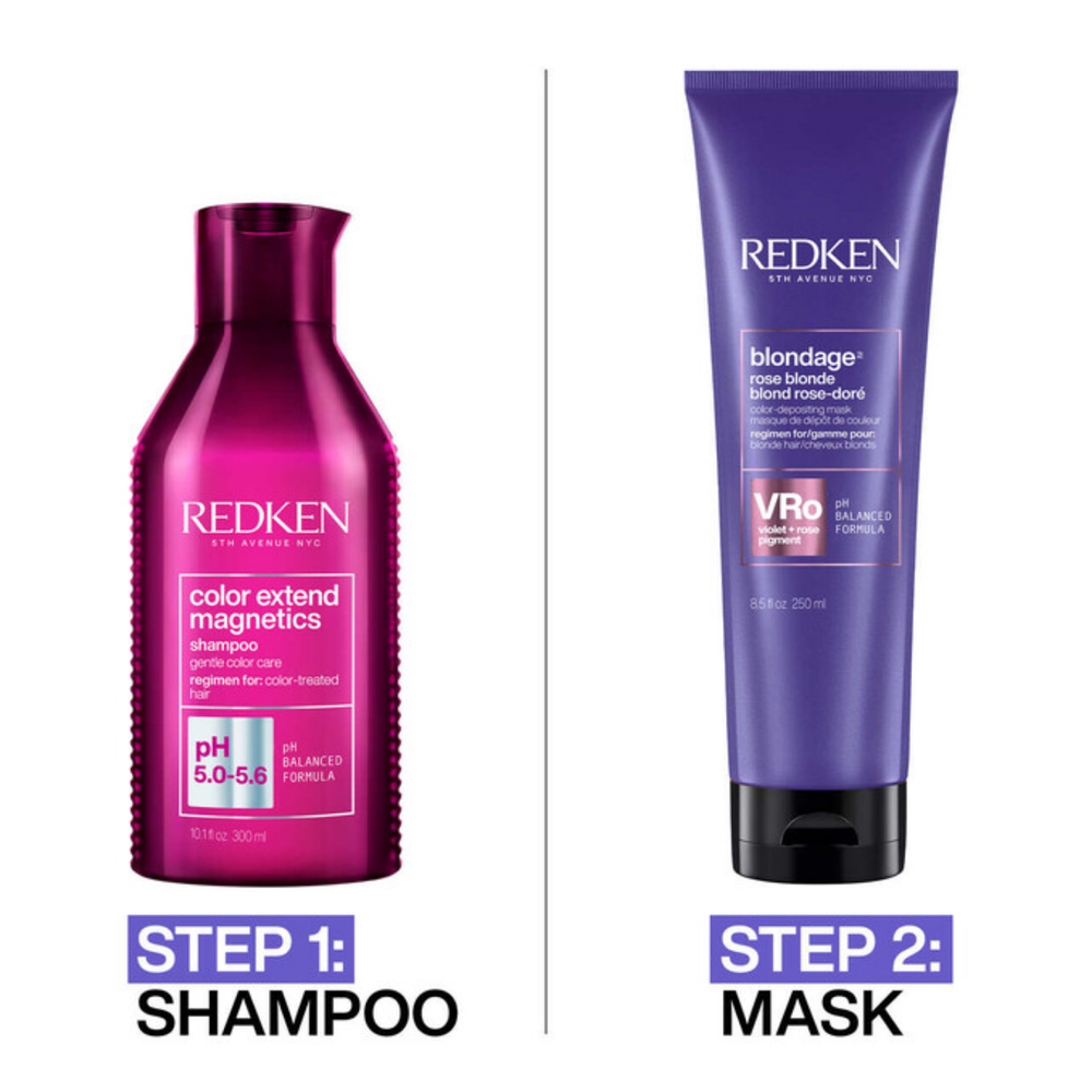 Pot du masque Redken Blondage rose posé sur fond blanc.
