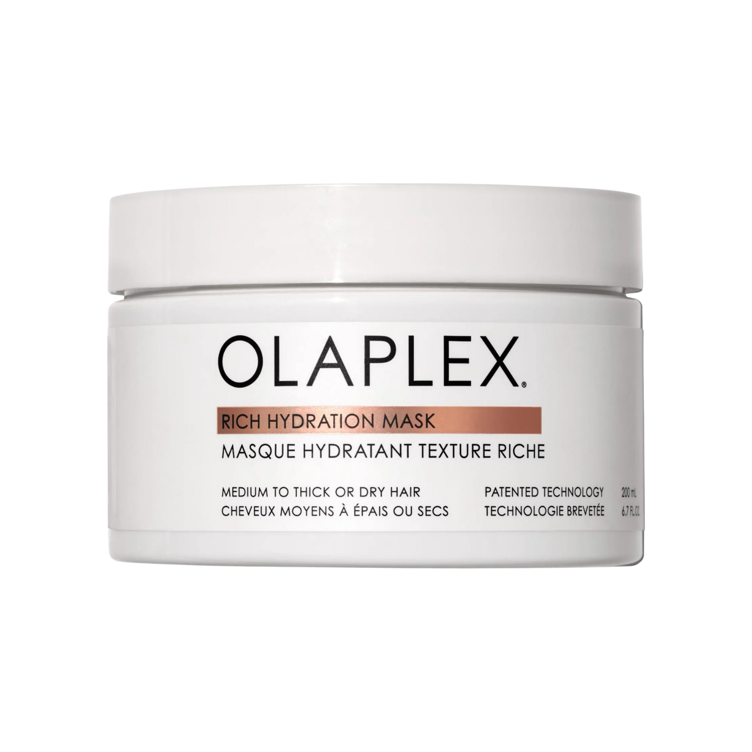 « Masque d’hydratation riche Olaplex pot noir cheveux secs avant après »