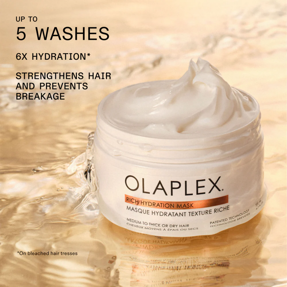« Masque d’hydratation riche Olaplex pot noir cheveux secs avant après »
