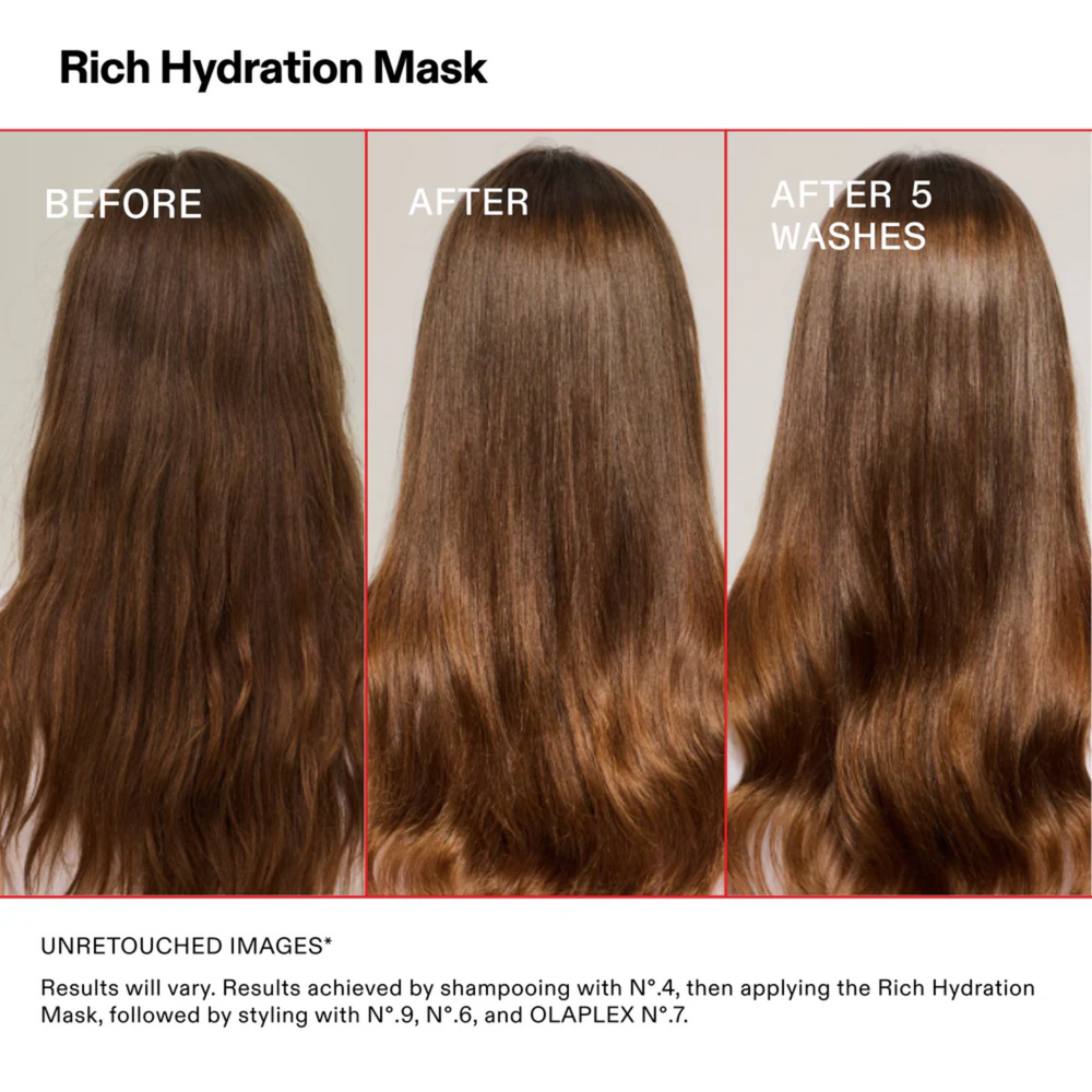 « Masque d’hydratation riche Olaplex pot noir cheveux secs avant après »