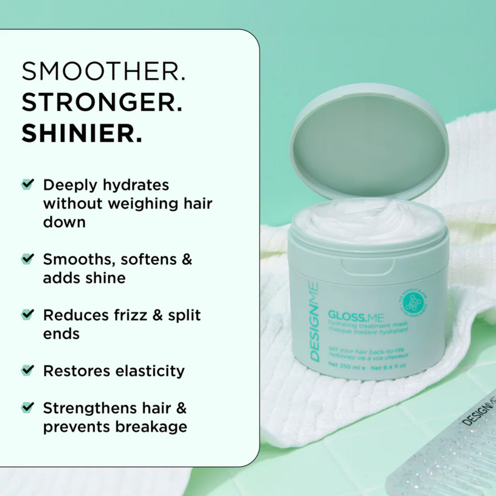 Pot de masque traitant hydratant GLOSS.ME, texture riche crème pour cheveux soyeux, hydratés et brillants