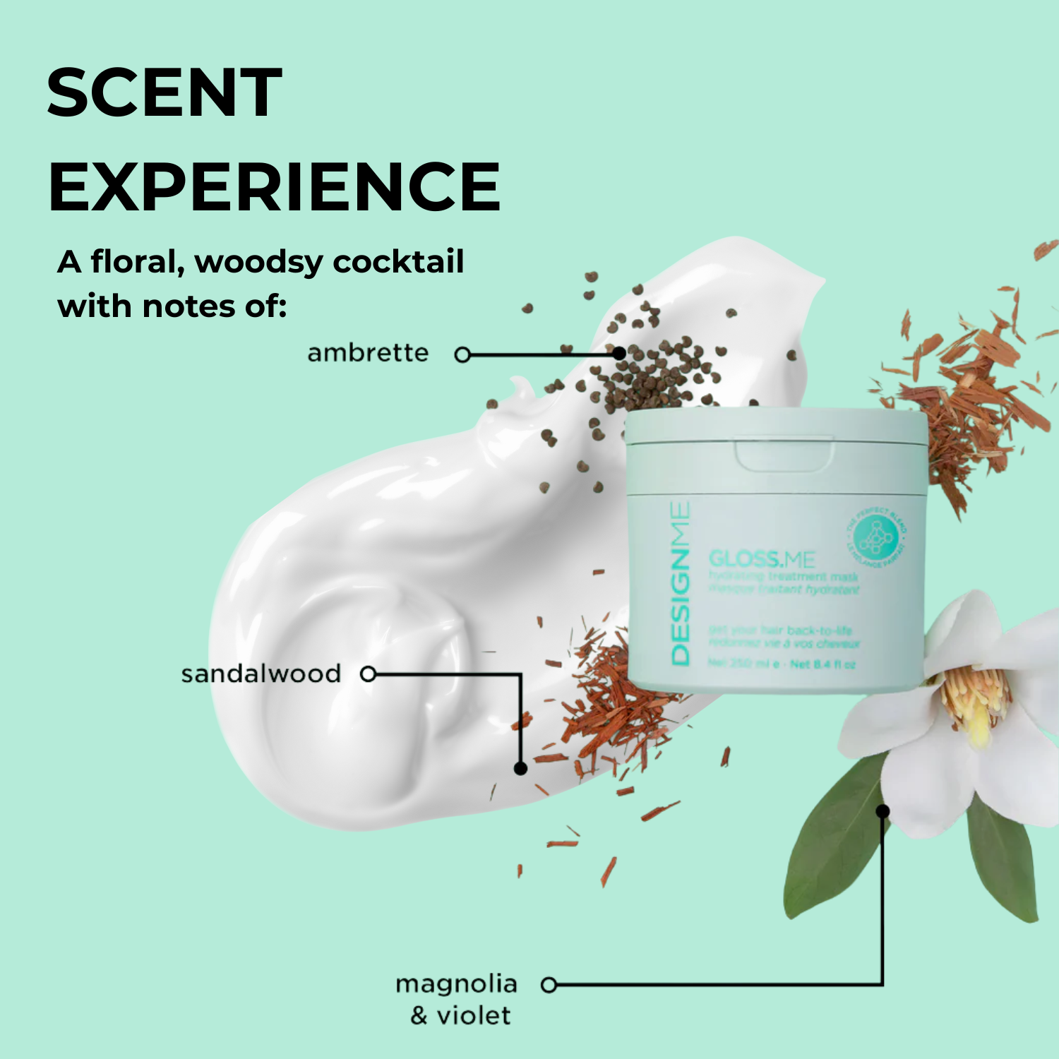 Pot de masque traitant hydratant GLOSS.ME, texture riche crème pour cheveux soyeux, hydratés et brillants