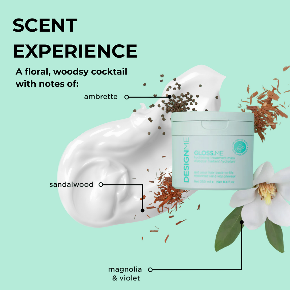 Pot de masque traitant hydratant GLOSS.ME, texture riche crème pour cheveux soyeux, hydratés et brillants