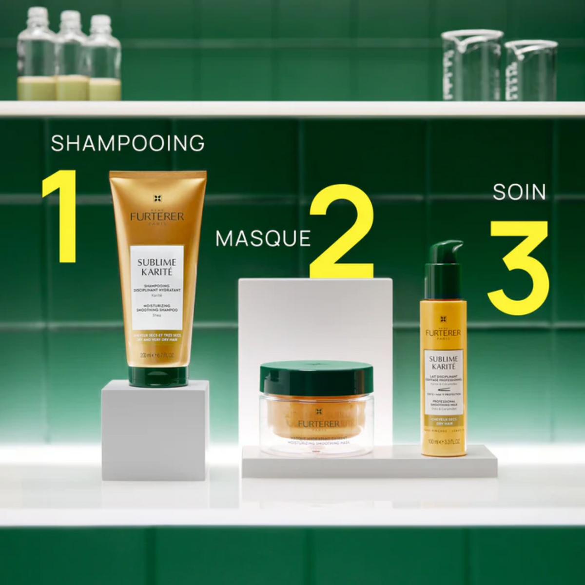 Pot du Masque Sublime Karité René Furterer pour cheveux secs, pot givré et couvercle noir.

