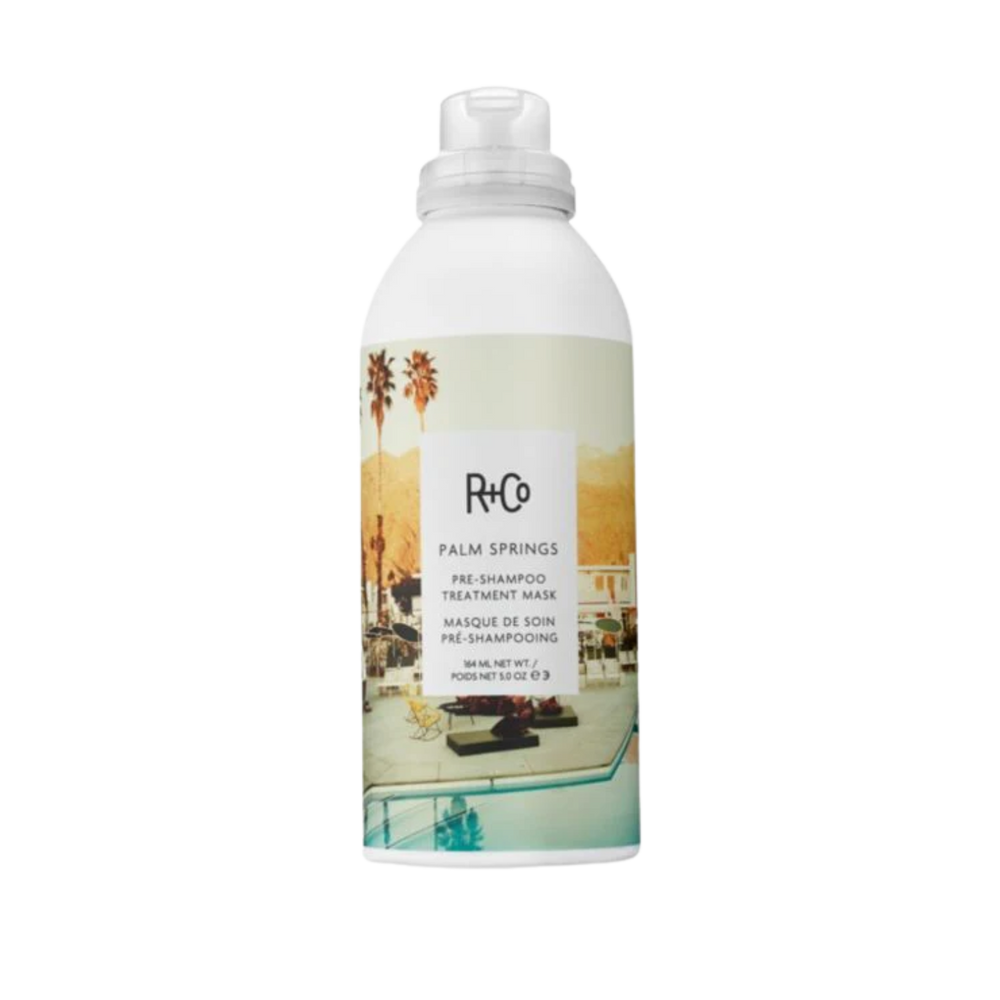 Pot du masque pré‑shampooing Palm Springs de R+Co, soin hydratant et fortifiant pour cheveux abîmés, parfum agrumes et ambre