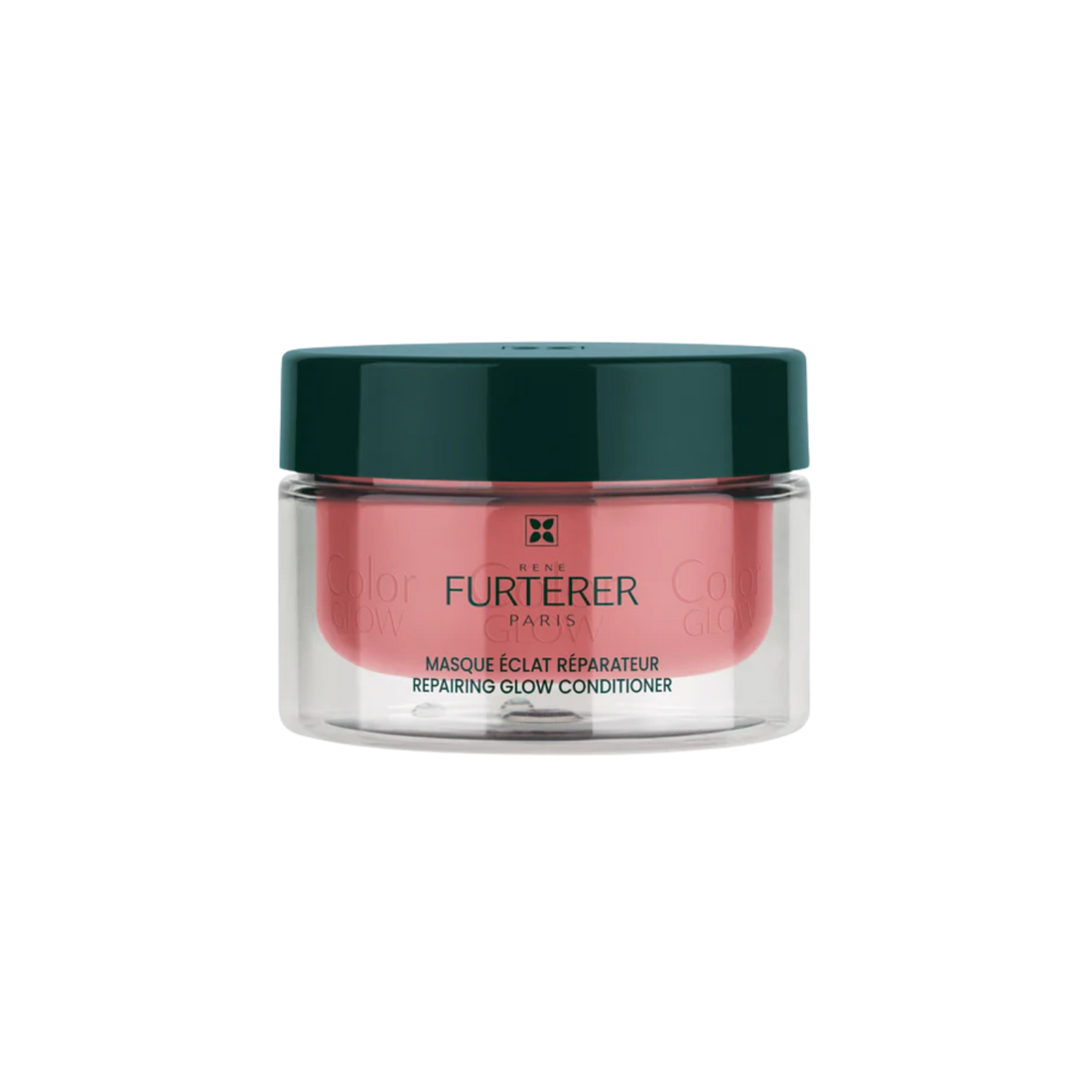 Pot de masque réparateur René Furterer Color Glow pour cheveux colorés, 200 ml, posé sur un fond neutre.

