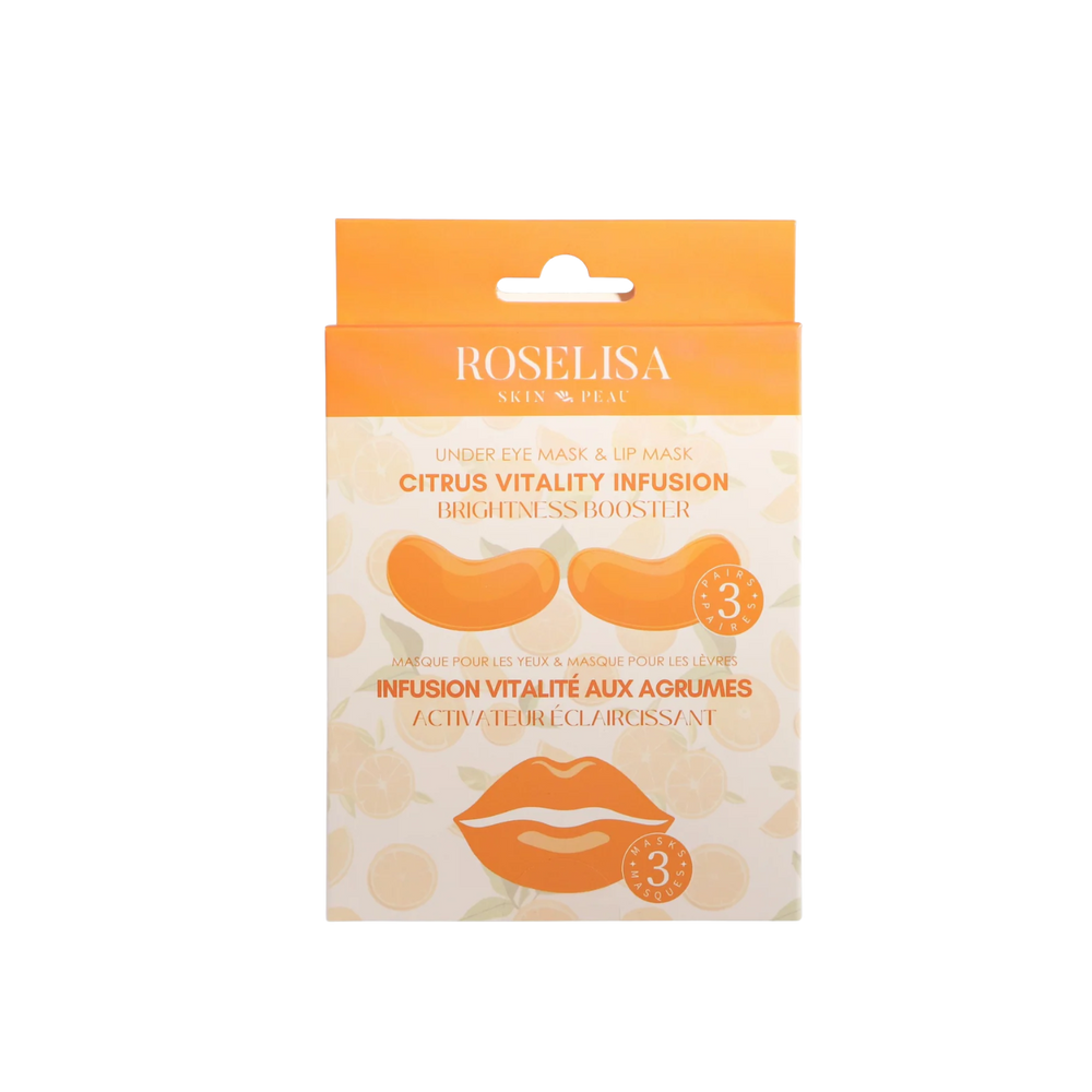 Masques pour les lèvres et les yeux Roselisa infusés au collagène – pack de 3 masques lèvres + 3 patchs yeux.