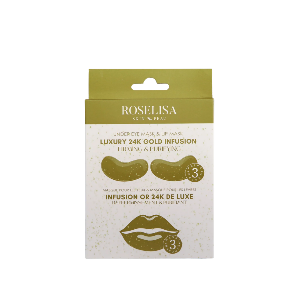 Pack de 3 masques lèvres + 3 patchs yeux Roselisa infusés à l’or 24K, soin hydrogel luxueux et doré.