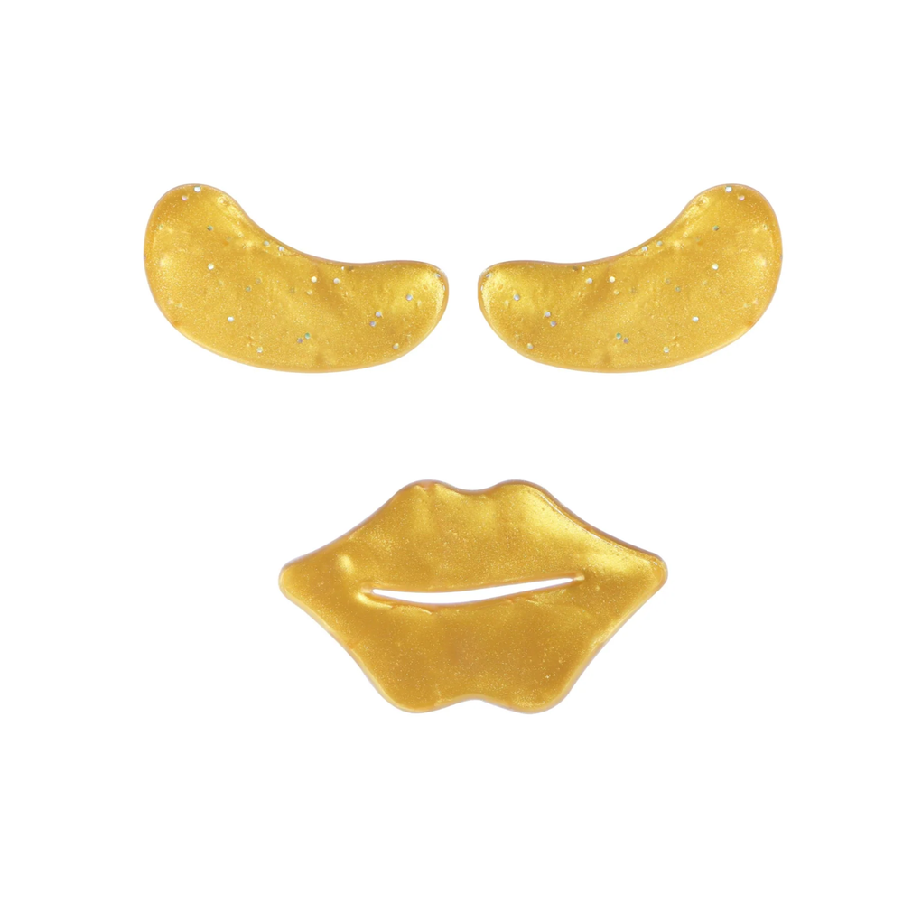 Pack de 3 masques lèvres + 3 patchs yeux Roselisa infusés à l’or 24K, soin hydrogel luxueux et doré.