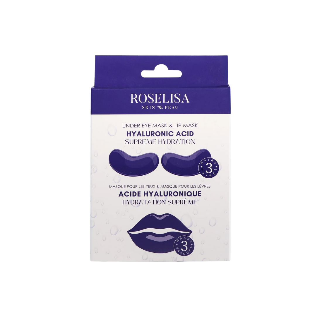Combo masque lèvres et yeux Roselisa à l’acide hyaluronique – 3 masques lèvres + 3 patchs yeux dans un emballage sobre.
