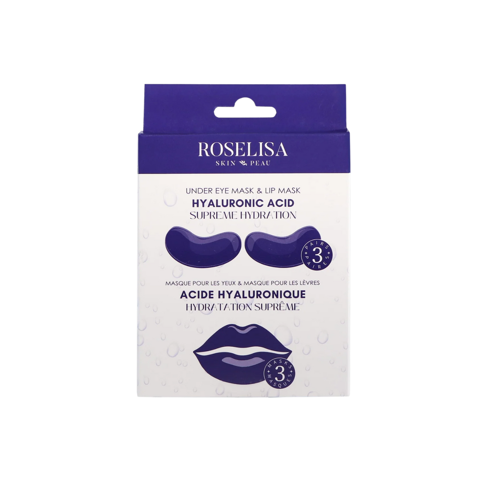Combo masque lèvres et yeux Roselisa à l’acide hyaluronique – 3 masques lèvres + 3 patchs yeux dans un emballage sobre.