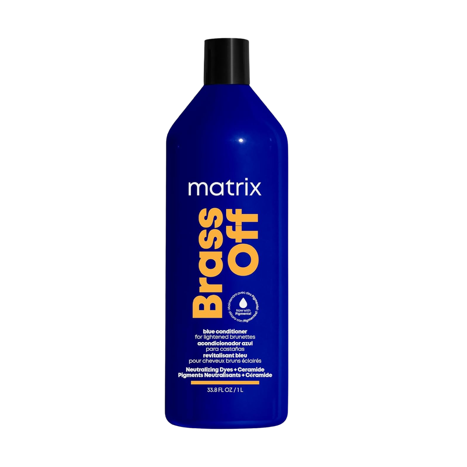 « Tube de Matrix Brass Off Blue Pigmented Conditioner pour brunettes éclaircies − flacon bleu‑violet pigmenté »