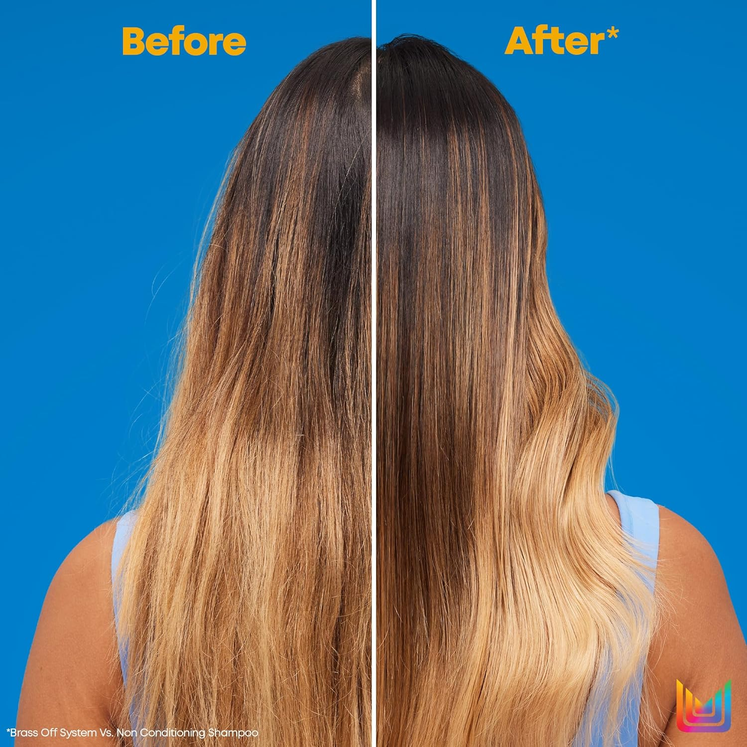 « Tube de Matrix Brass Off Blue Pigmented Conditioner pour brunettes éclaircies − flacon bleu‑violet pigmenté »