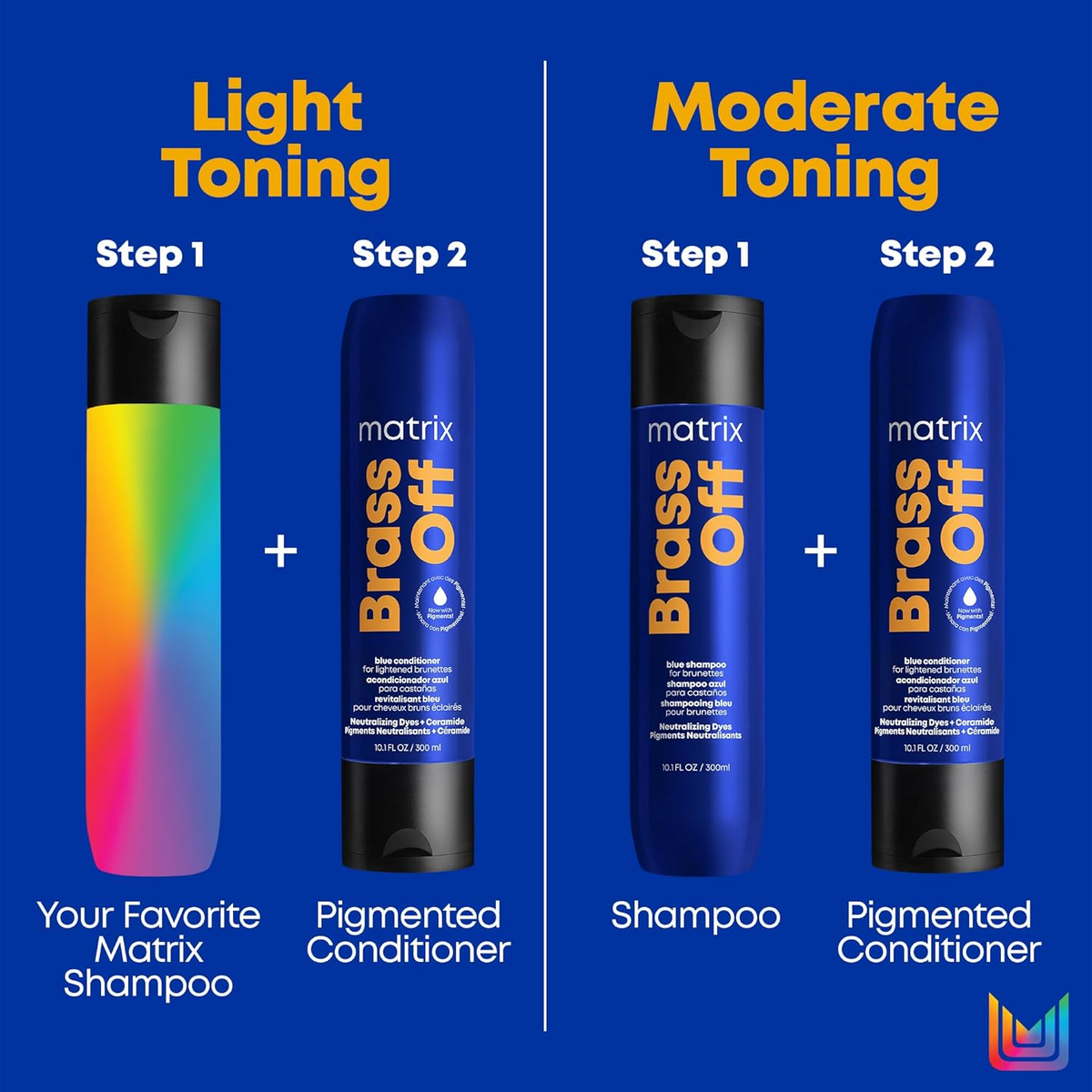 « Tube de Matrix Brass Off Blue Pigmented Conditioner pour brunettes éclaircies − flacon bleu‑violet pigmenté »