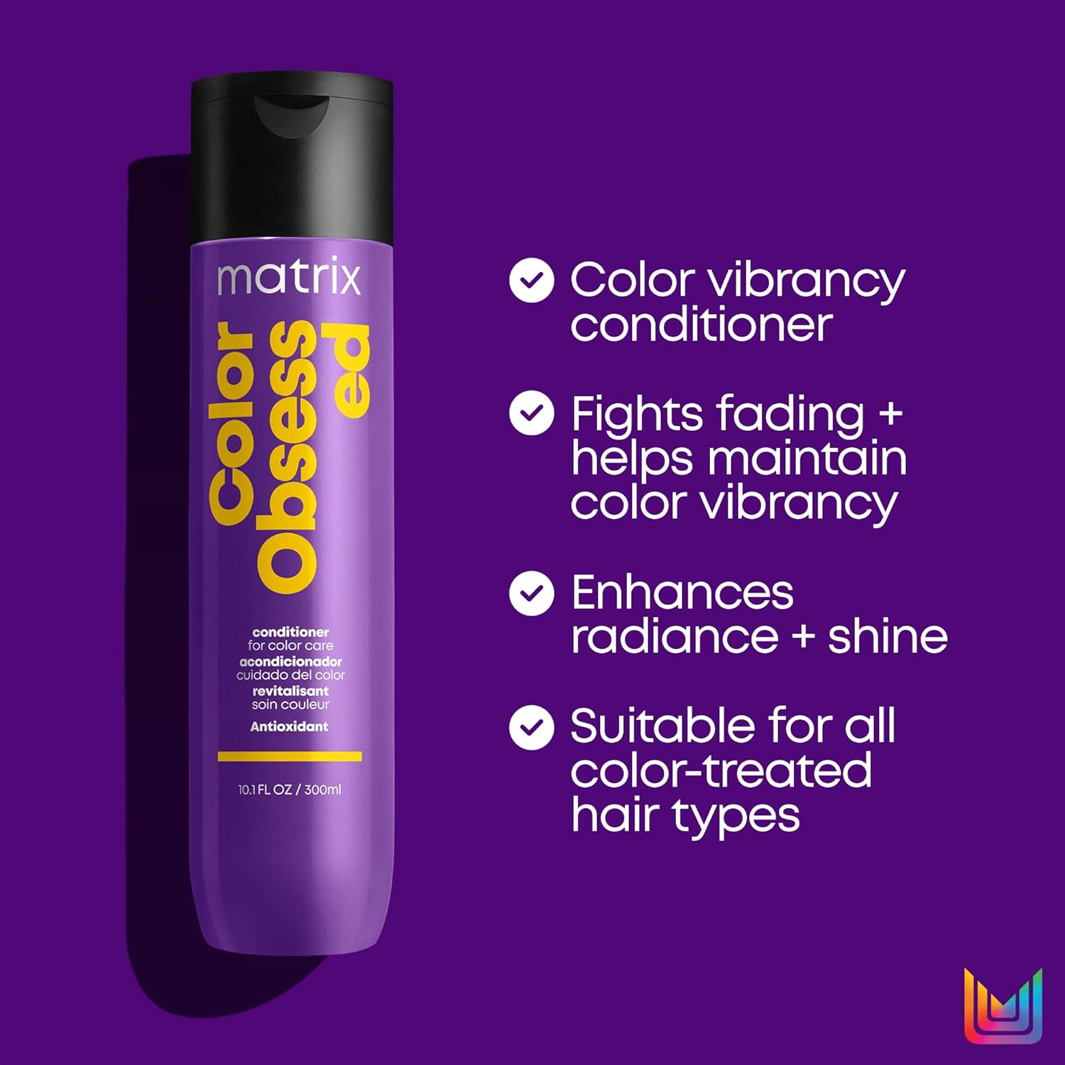 Flacon du conditionneur Matrix Total Results Color Obsessed sur fond blanc