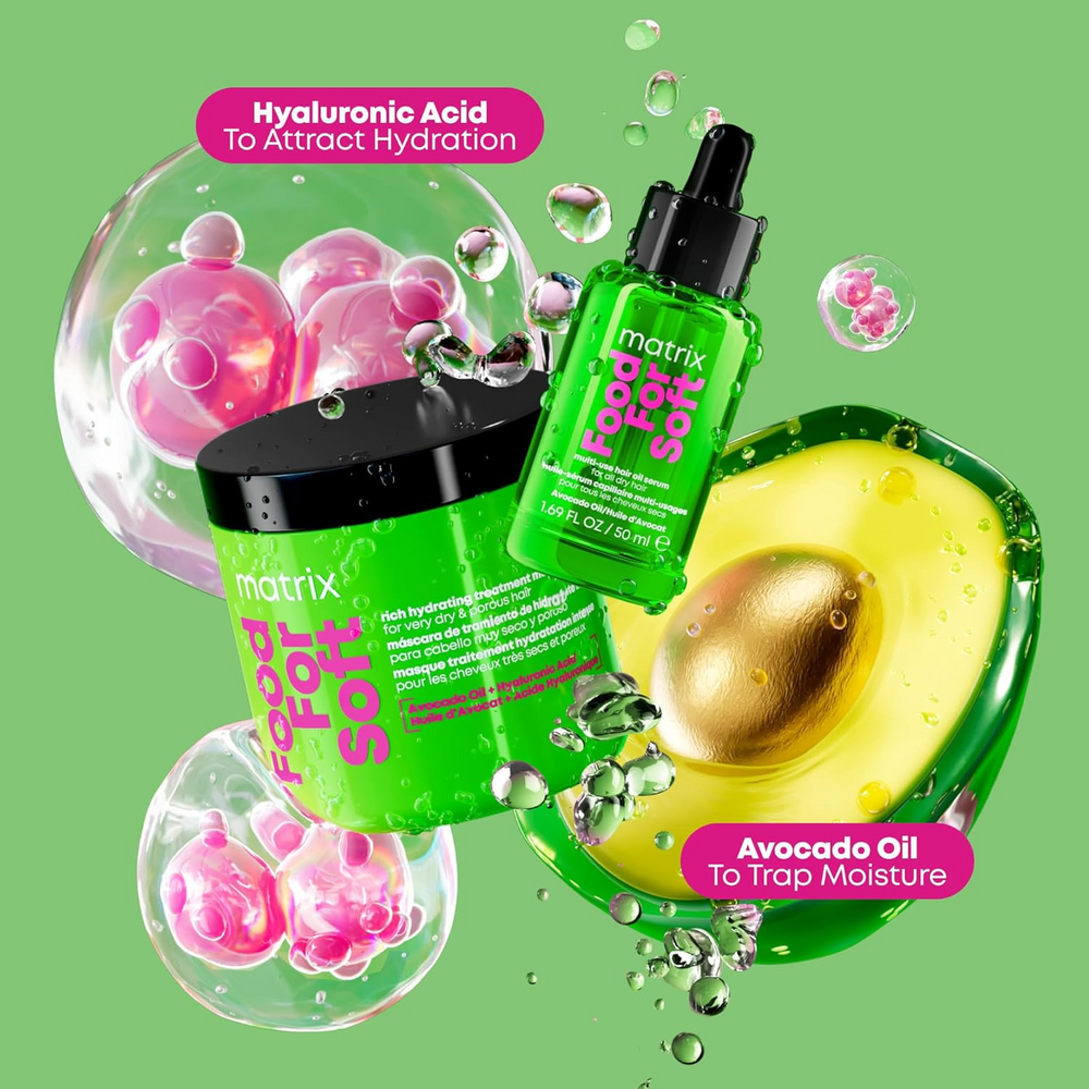 “Matrix Food For Soft Rich Hydrating Treatment Mask — pot 500 ml, masque vegan à l’huile d’avocat et acide hyaluronique, cheveux hydratés et doux”
