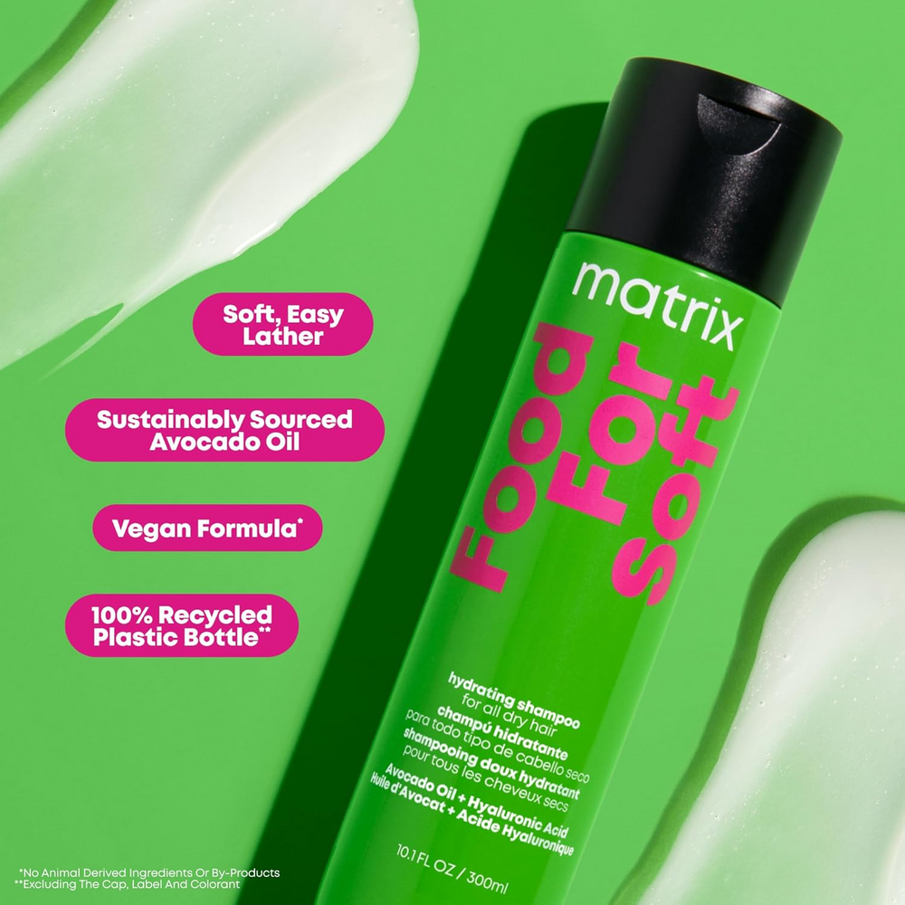 “Matrix Food For Soft Hydrating Shampoo flacon — huile d’avocat, acide hyaluronique — cheveux doux et hydratés 72 heures”