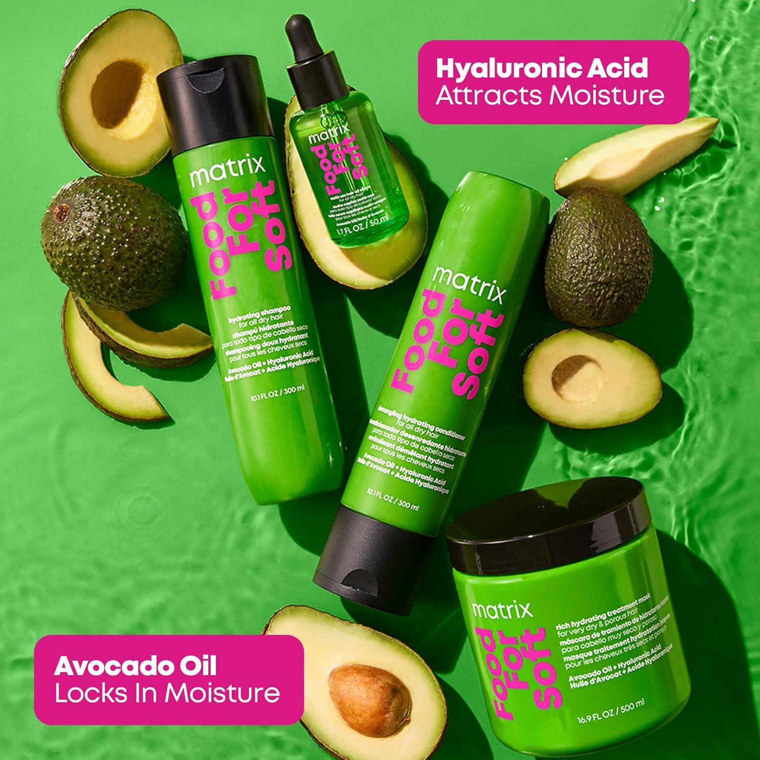 “Matrix Food For Soft Hydrating Shampoo flacon — huile d’avocat, acide hyaluronique — cheveux doux et hydratés 72 heures”