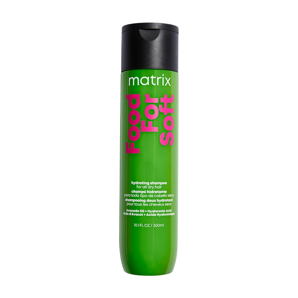 “Matrix Food For Soft Hydrating Shampoo flacon — huile d’avocat, acide hyaluronique — cheveux doux et hydratés 72 heures”