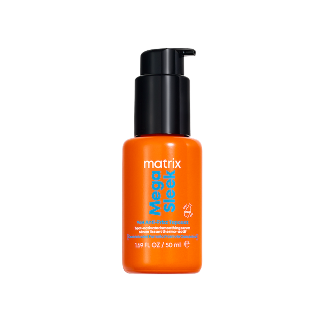 “Matrix Sérum Mega Sleek 96H Anti‑Frizz Topcoat 50 ml — flacon verre transparent, sérum lissant thermo‑actif, finition brillante, luxe et contrôle des frisottis”
