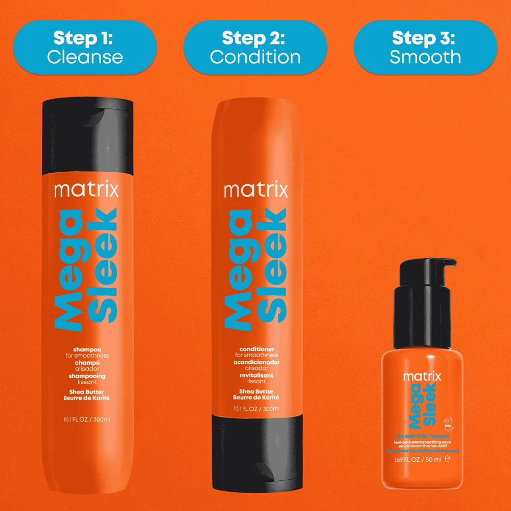 “Matrix Sérum Mega Sleek 96H Anti‑Frizz Topcoat 50 ml — flacon verre transparent, sérum lissant thermo‑actif, finition brillante, luxe et contrôle des frisottis”