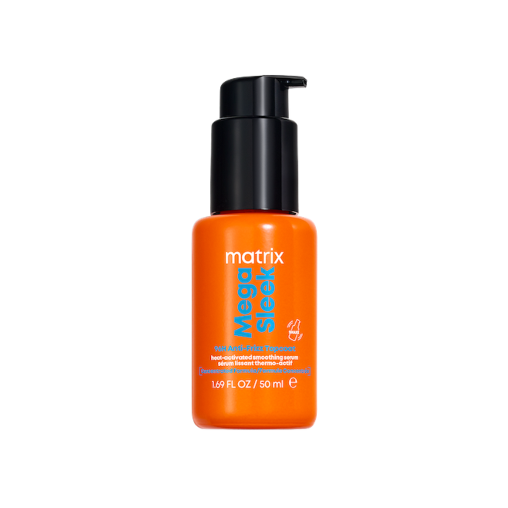 “Matrix Sérum Mega Sleek 96H Anti‑Frizz Topcoat 50 ml — flacon verre transparent, sérum lissant thermo‑actif, finition brillante, luxe et contrôle des frisottis”