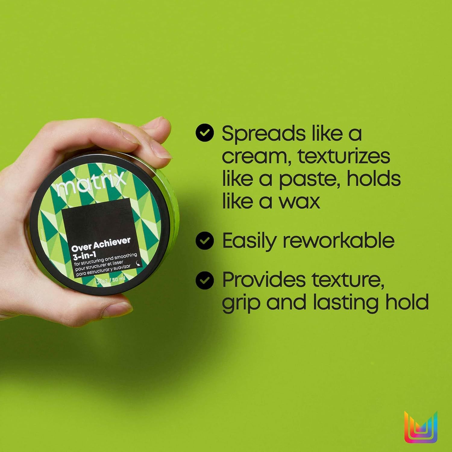 « Pot de Matrix Over Achiever 3‑in‑1 coiffant crème‑pâte‑cire, 49 g, texture lisse »