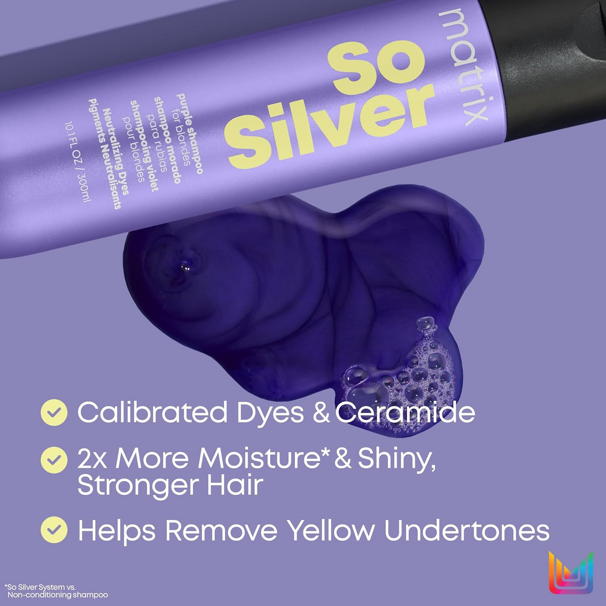 « Bouteille de Matrix So Silver Purple Shampoo — shampooing neutralisant pour cheveux blonds et argentés »