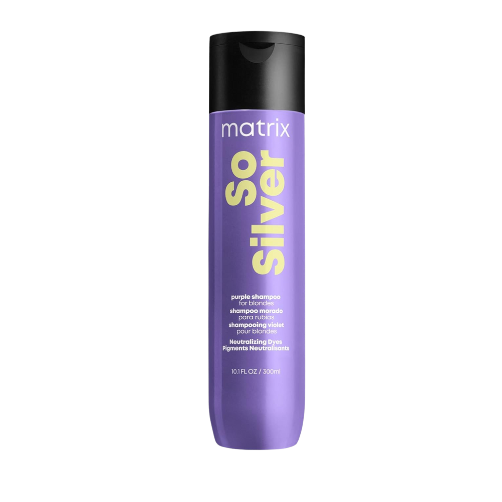 « Bouteille de Matrix So Silver Purple Shampoo — shampooing neutralisant pour cheveux blonds et argentés »