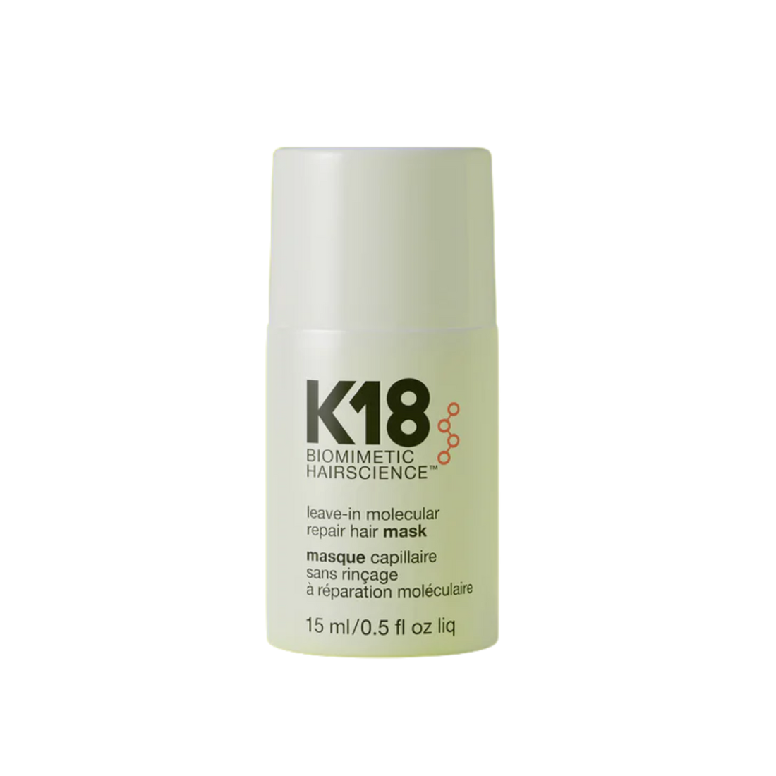 Pot élégant noir et doré du masque leave‑in molecular repair 50 ml K18, soin capillaire réparateur sans rinçage.

