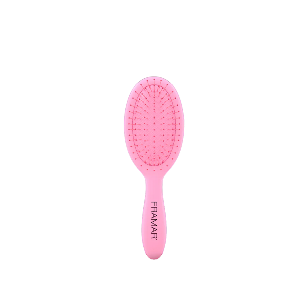 Mini brosse Framar rose — poils flexibles pour démêlage en douceur.