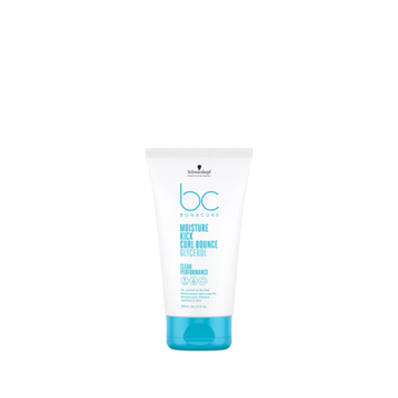 Flacon de Schwarzkopf BC Moisture Kick Curl Bounce 150 ml avec étiquette turquoise sur fond clair
