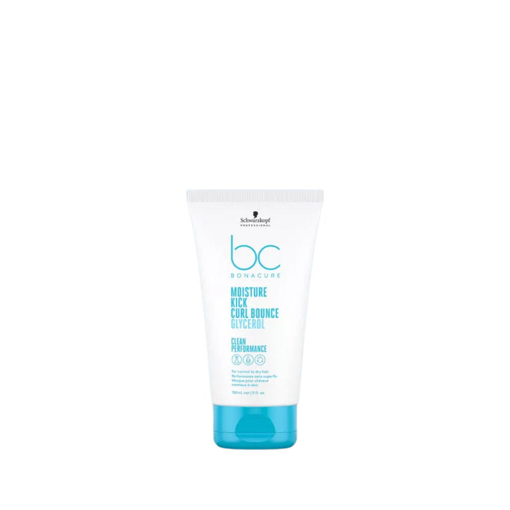 Flacon de Schwarzkopf BC Moisture Kick Curl Bounce 150 ml avec étiquette turquoise sur fond clair