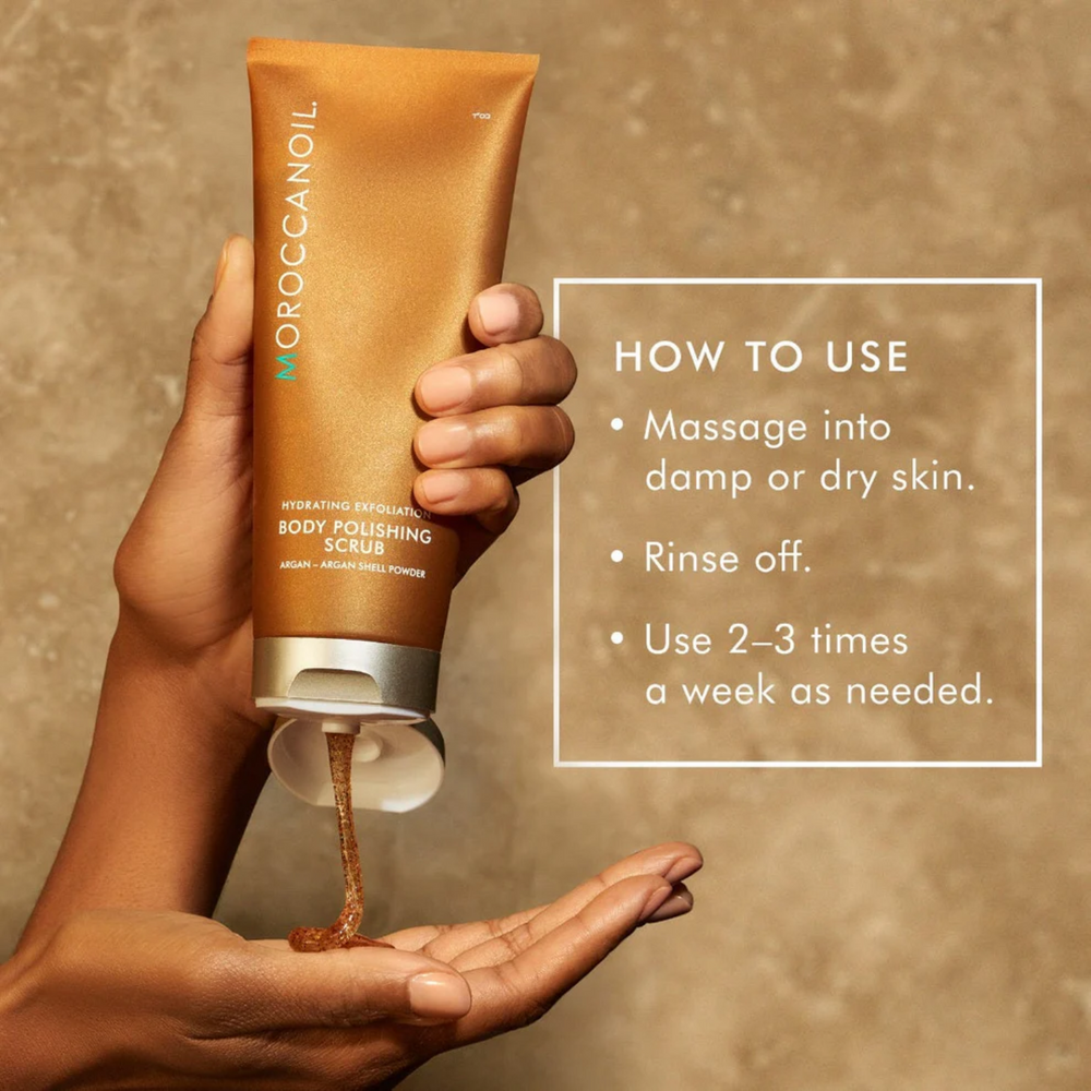Tube Moroccanoil Body Polishing Scrub 200 ml – gel exfoliant à l’argan et pierres ponce pour peau douce et éclat.

